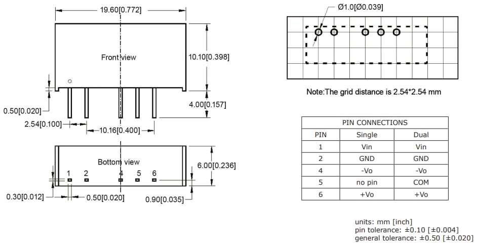 Technische Zeichnung - CUI Inc DQM1-S DC/DC-Wandler